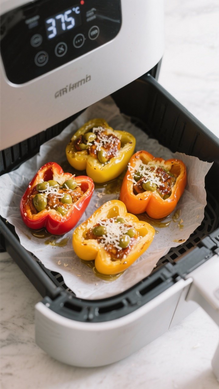 Cooking process: Overhead shot of an air fryer drawer with a single layer of stuffed red, yellow, an