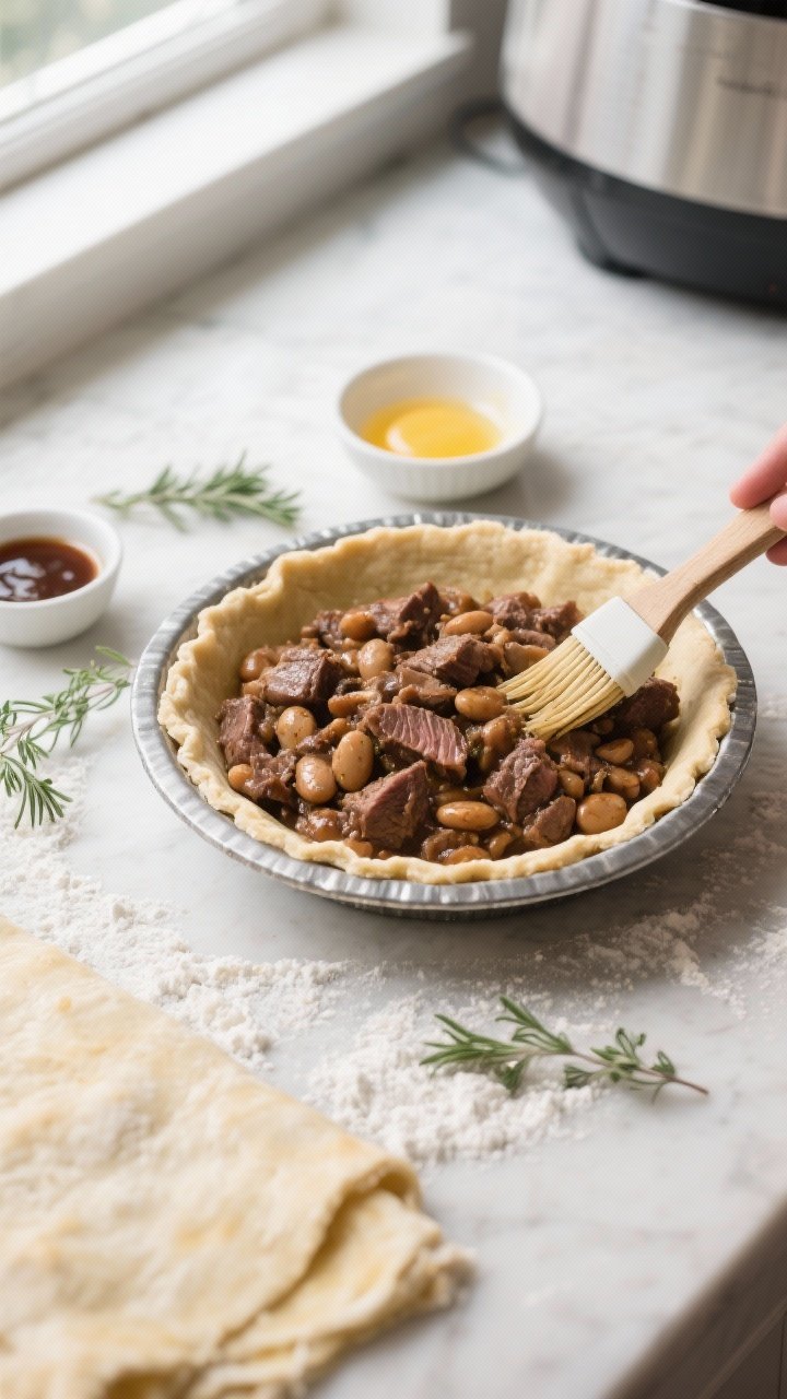 Cooking process: Overhead shot of an air-fryer-safe metal pie dish with a lightly blind-baked shortc