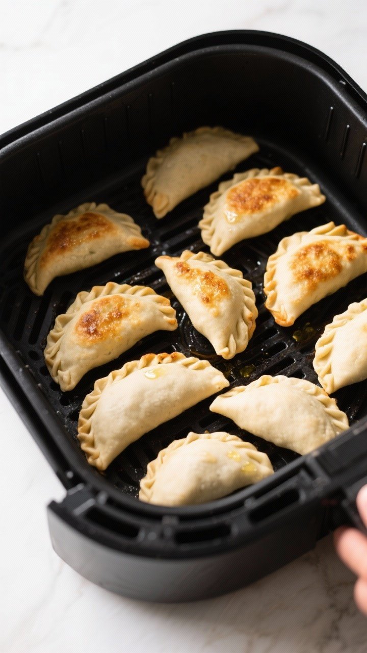 Cooking process: Overhead shot of assembled empanadas arranged in a single layer in an air fryer bas