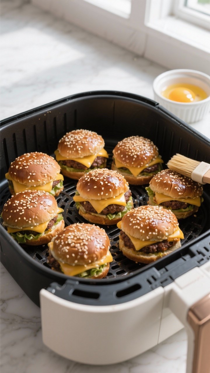 Cooking process: Overhead shot of assembled, sealed cheeseburger bombs spaced apart in an air fryer 