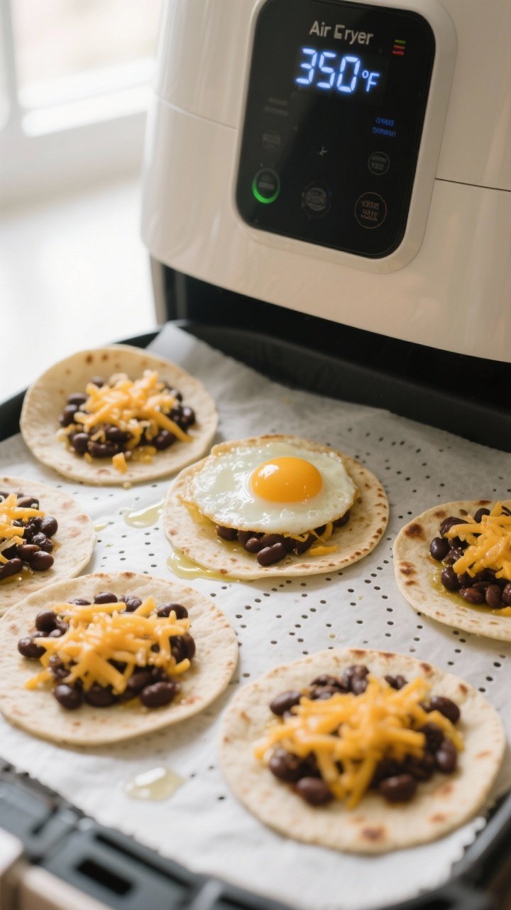 Cooking process: Overhead shot of assembled tortillas on a perforated parchment liner ready for air 