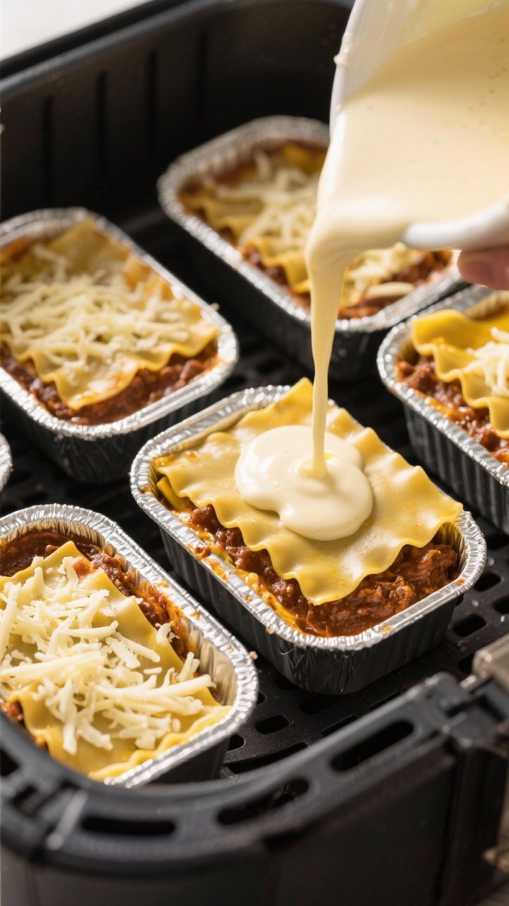 Cooking process: Overhead shot of assembly in mini loaf pans—first layers already built with visib