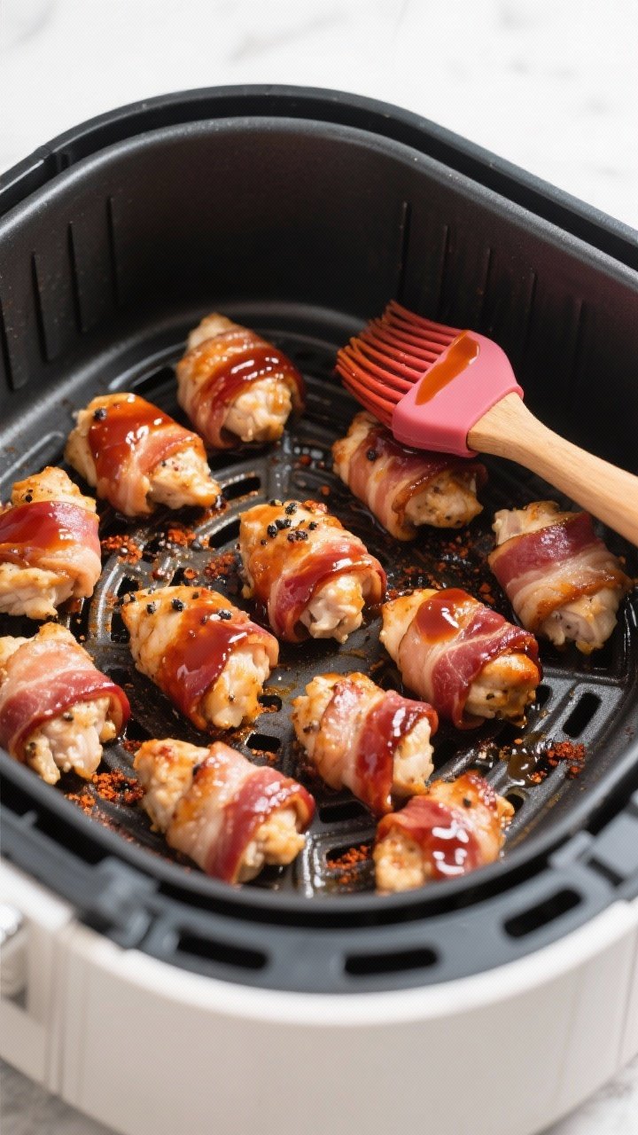 Cooking process: Overhead shot of bacon-wrapped chicken bites arranged in a single uncrowded layer i