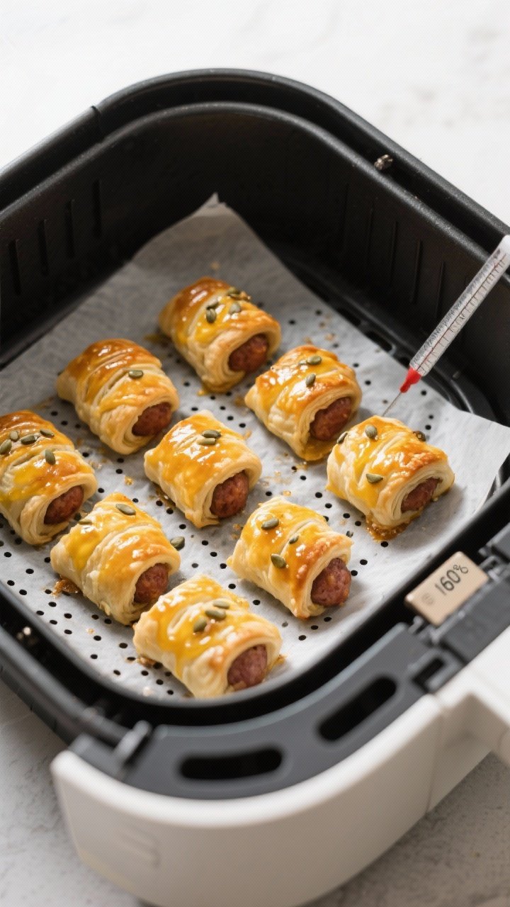 Cooking process: Overhead shot of bite-size sausage roll pieces arranged in a single layer inside an
