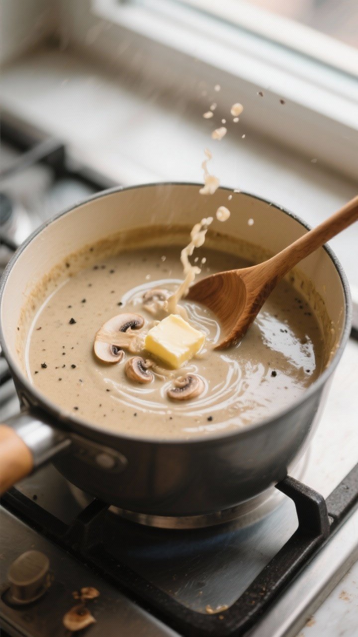 Cooking process: Overhead shot of blended mushroom soup mid-swirling in a pot, velvety texture catch