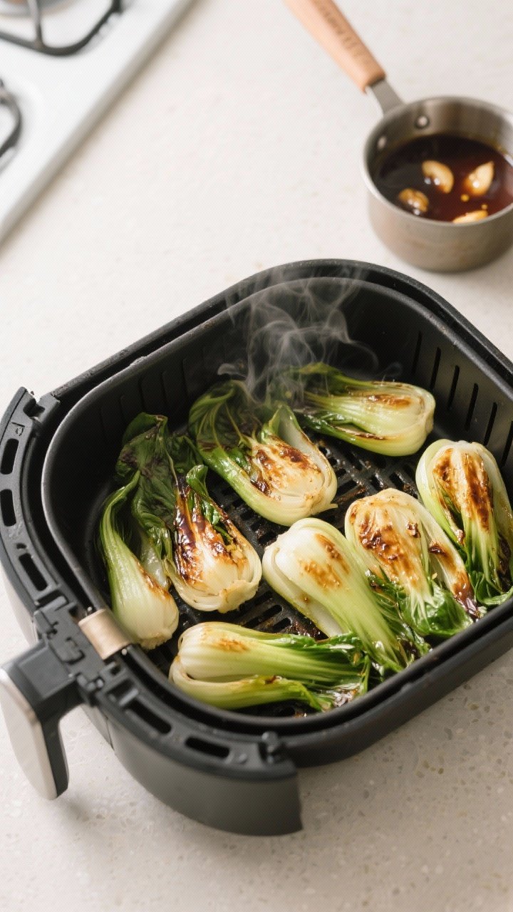 Cooking process: Overhead shot of bok choy arranged cut-side up in an air fryer basket at 380°F, mi