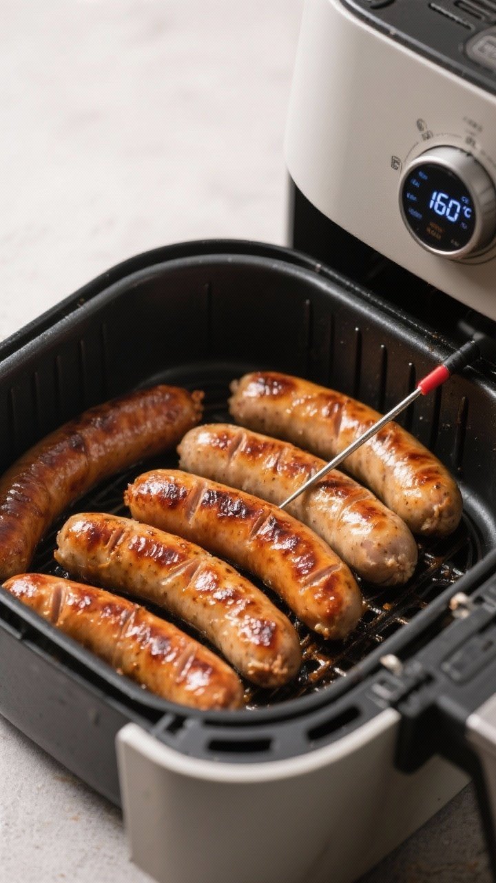 Cooking process: Overhead shot of bratwurst arranged in a single layer inside an open air fryer bask