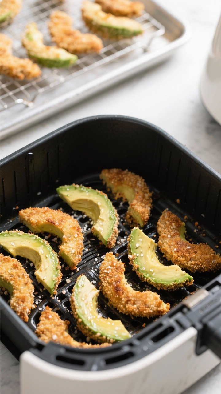 Cooking process: Overhead shot of breaded avocado wedges arranged in a single layer in an air fryer