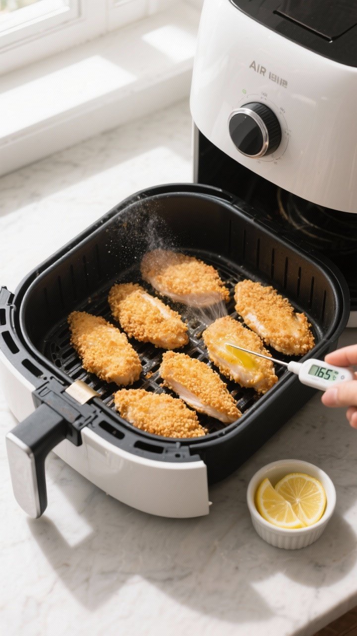 Cooking process: Overhead shot of breaded chicken cutlets arranged in a single, non-overlapping laye