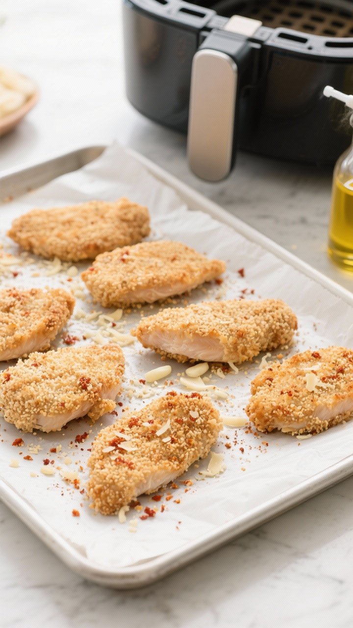 Cooking process: Overhead shot of breaded chicken cutlets resting on a parchment-lined tray before a