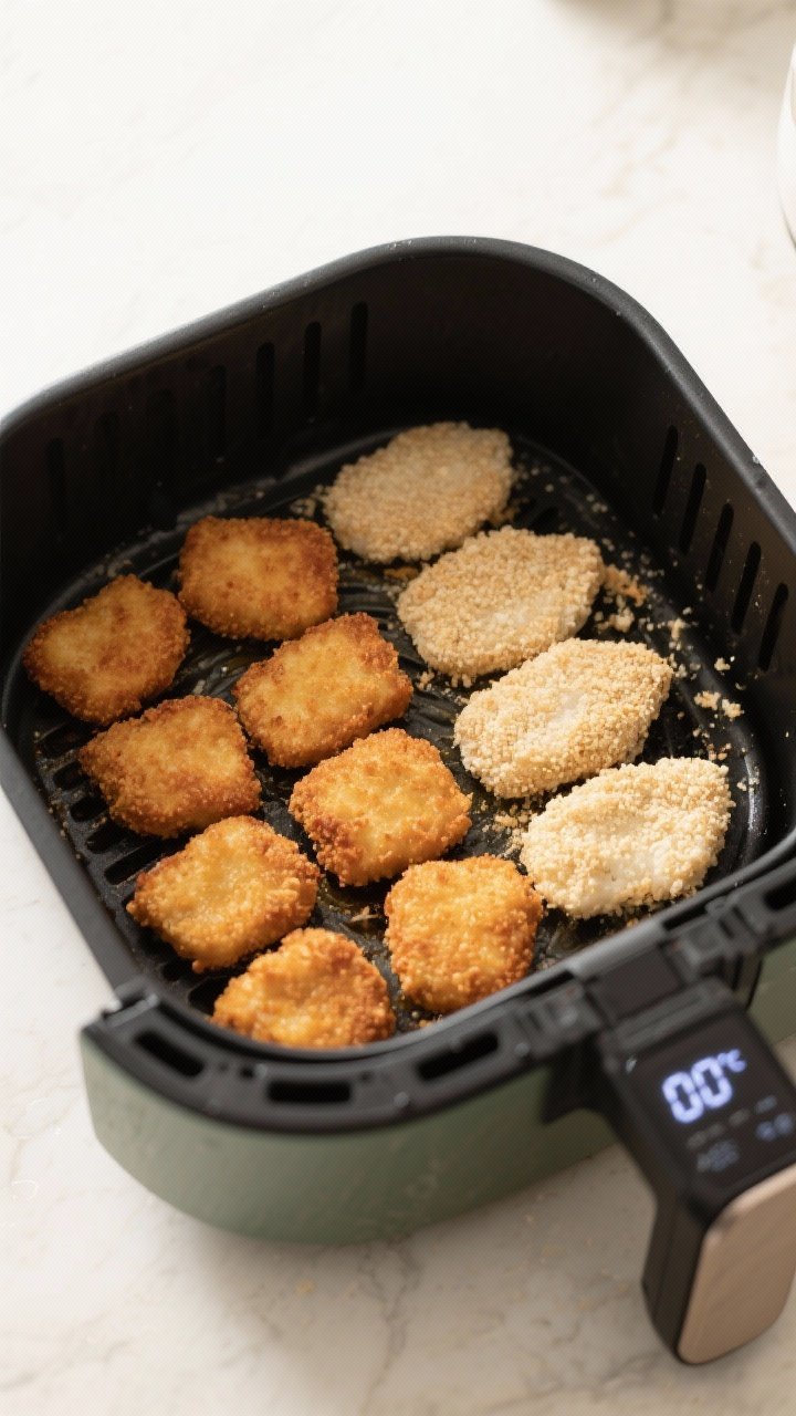 Cooking process: Overhead shot of breaded fish nuggets arranged in a single layer inside an air frye
