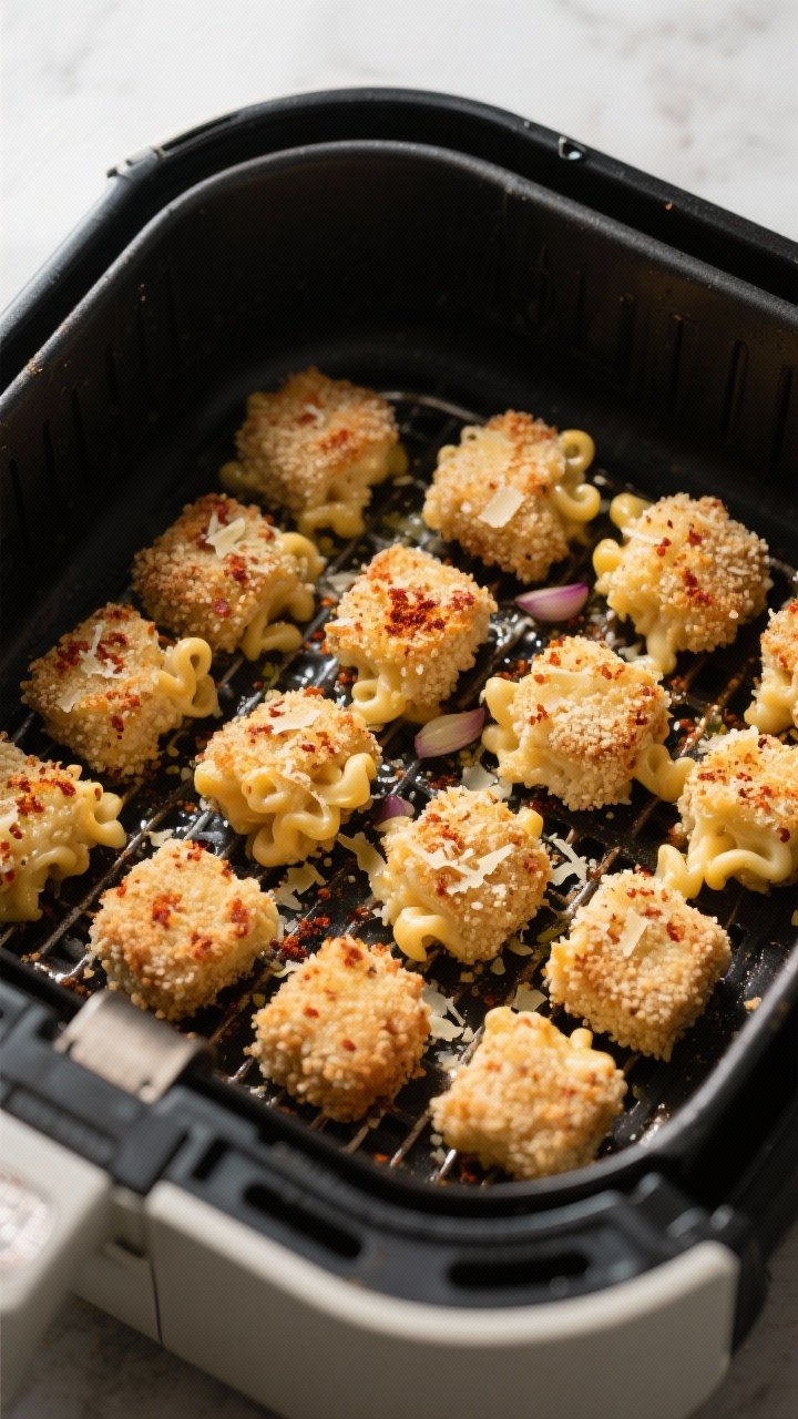 Cooking process: Overhead shot of breaded mac and cheese bites arranged in a single layer inside a p