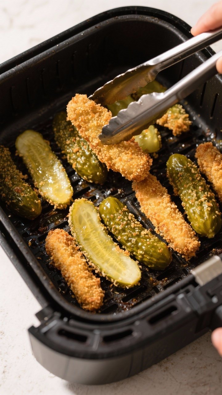 Cooking process: Overhead shot of breaded pickle spears arranged in a single layer in a preheated ai