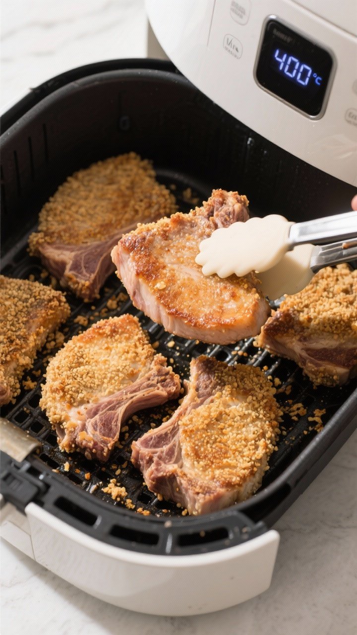 Cooking process: Overhead shot of breaded pork chops arranged in a single layer inside an air fryer 
