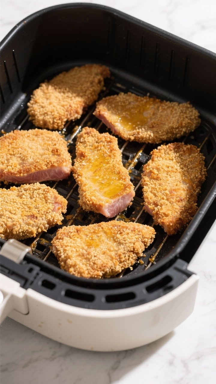 Cooking process: Overhead shot of breaded pork cutlets arranged in a single layer in an air fryer ba