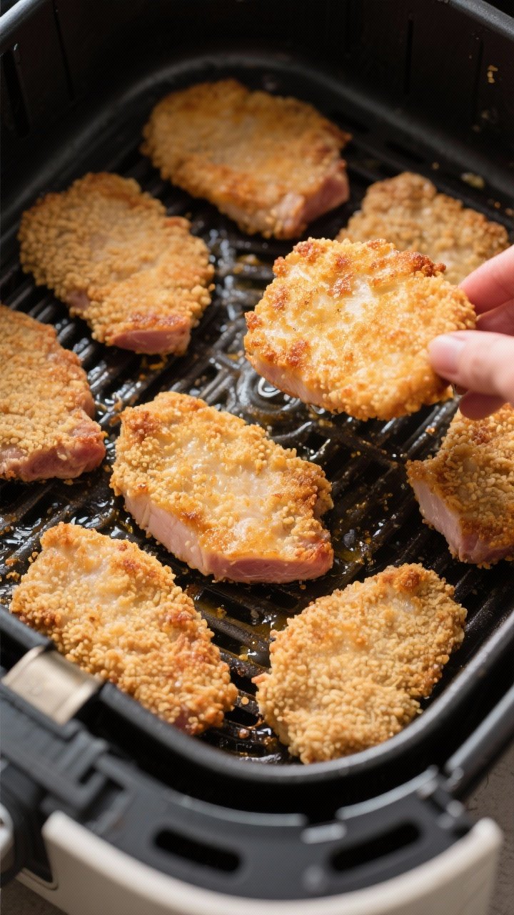 Cooking process: Overhead shot of breaded pork cutlets arranged in a single layer in a preheated air