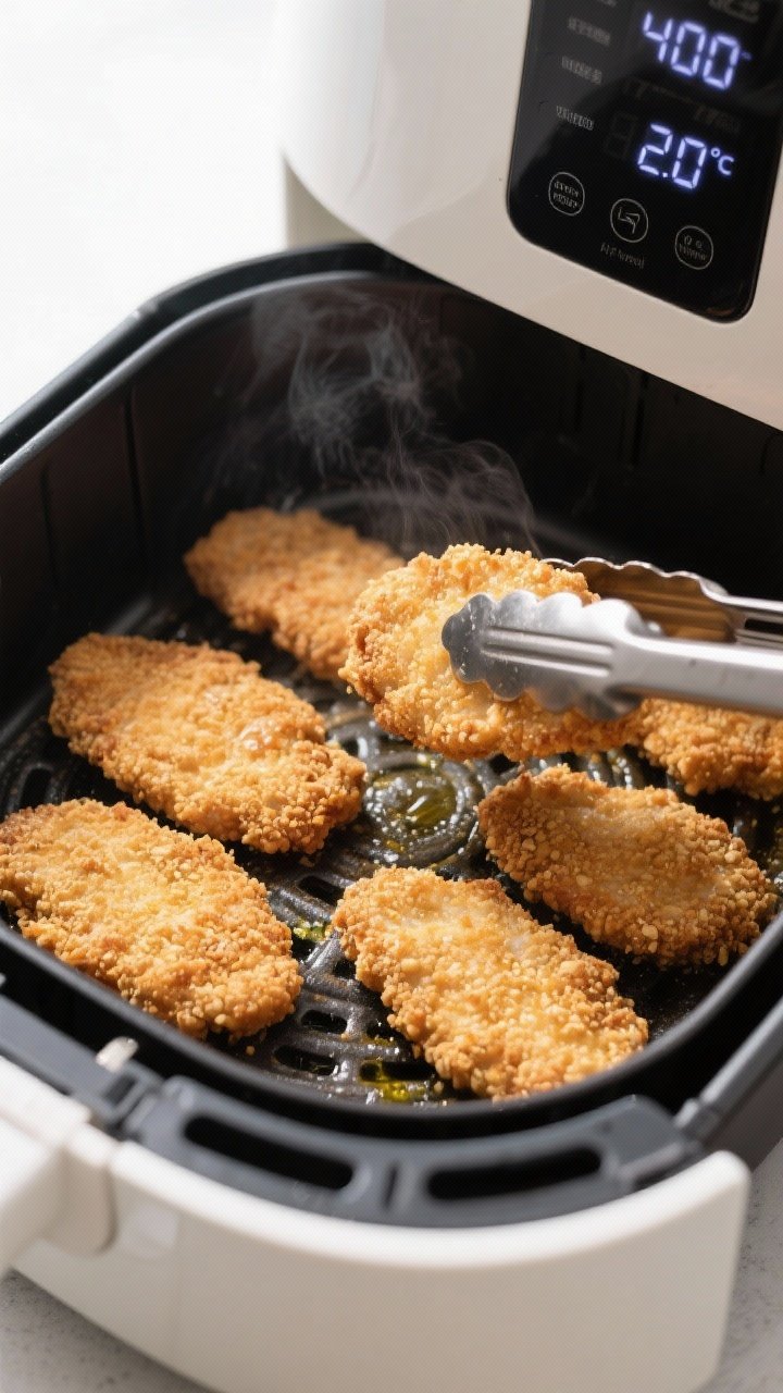 Cooking process: Overhead shot of breaded schnitzels arranged in a single layer inside a preheated a