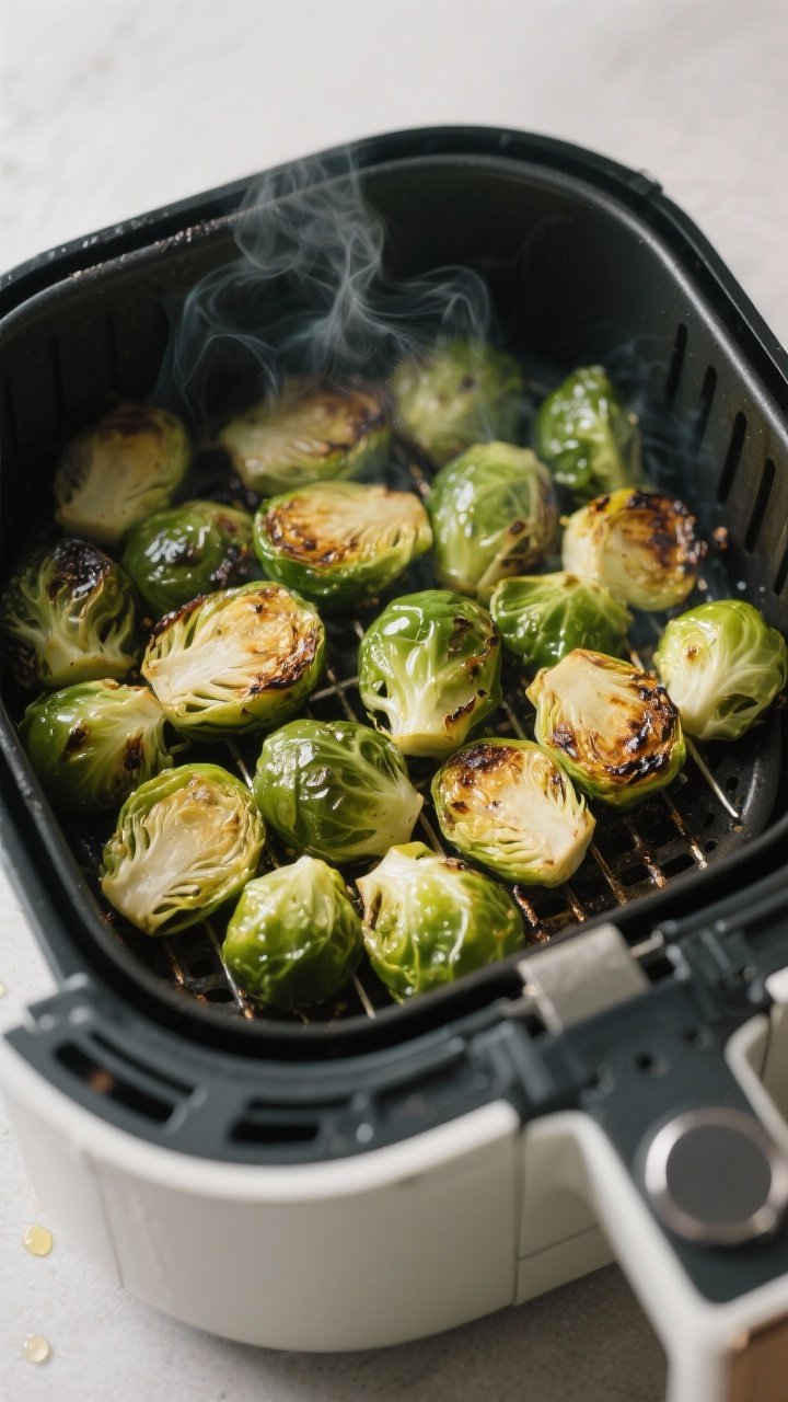 Cooking process: Overhead shot of Brussels sprouts sizzling in an air fryer basket at mid-cook, half