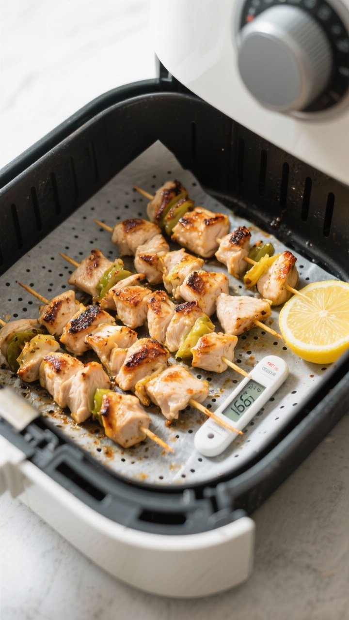 Cooking process: Overhead shot of chicken souvlaki skewers arranged in a single layer inside an air 
