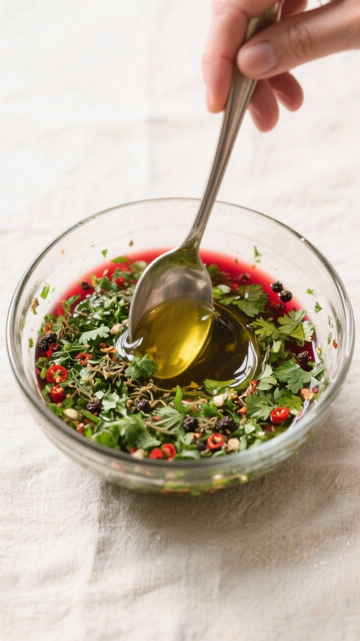 Cooking process: Overhead shot of chimichurri being stirred in a glass bowl as a thin stream of extr
