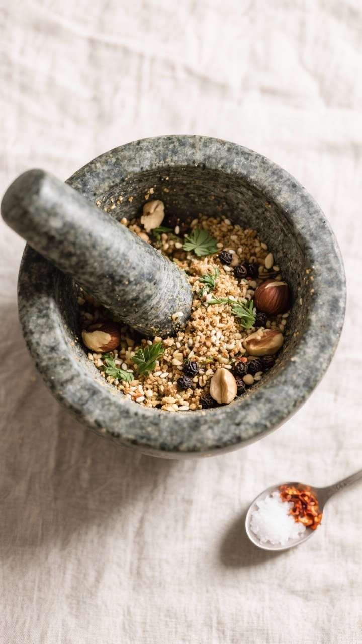 Cooking process: Overhead shot of coarse-ground dukkah in a mortar after pulsing—gritty, crumbly m