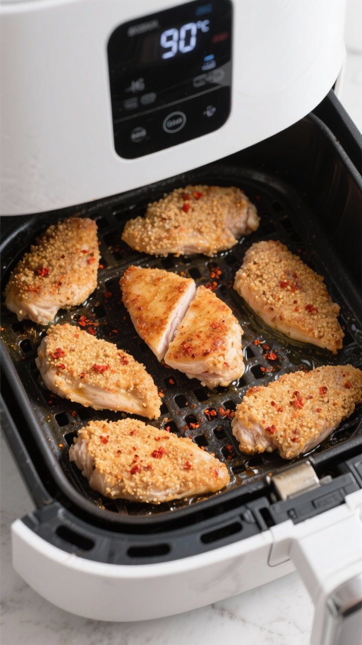 Cooking process: Overhead shot of coated chicken cutlets arranged in a single layer in the air fryer