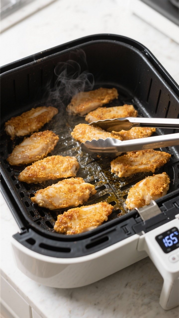 Cooking process: Overhead shot of coated chicken strips arranged in a single layer inside a preheate