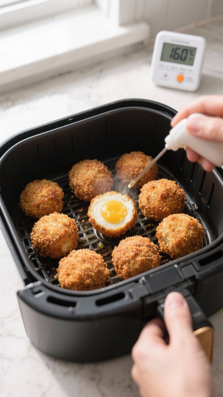 Cooking process: Overhead shot of coated Scotch eggs arranged in a single layer in an air fryer bask