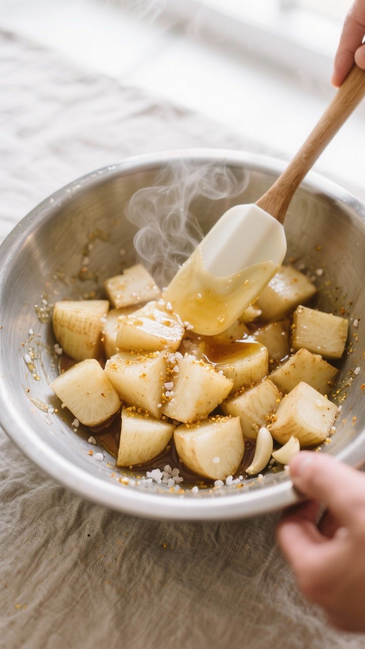 Cooking process: Overhead shot of cooked turnip cubes being tossed in a stainless mixing bowl with t