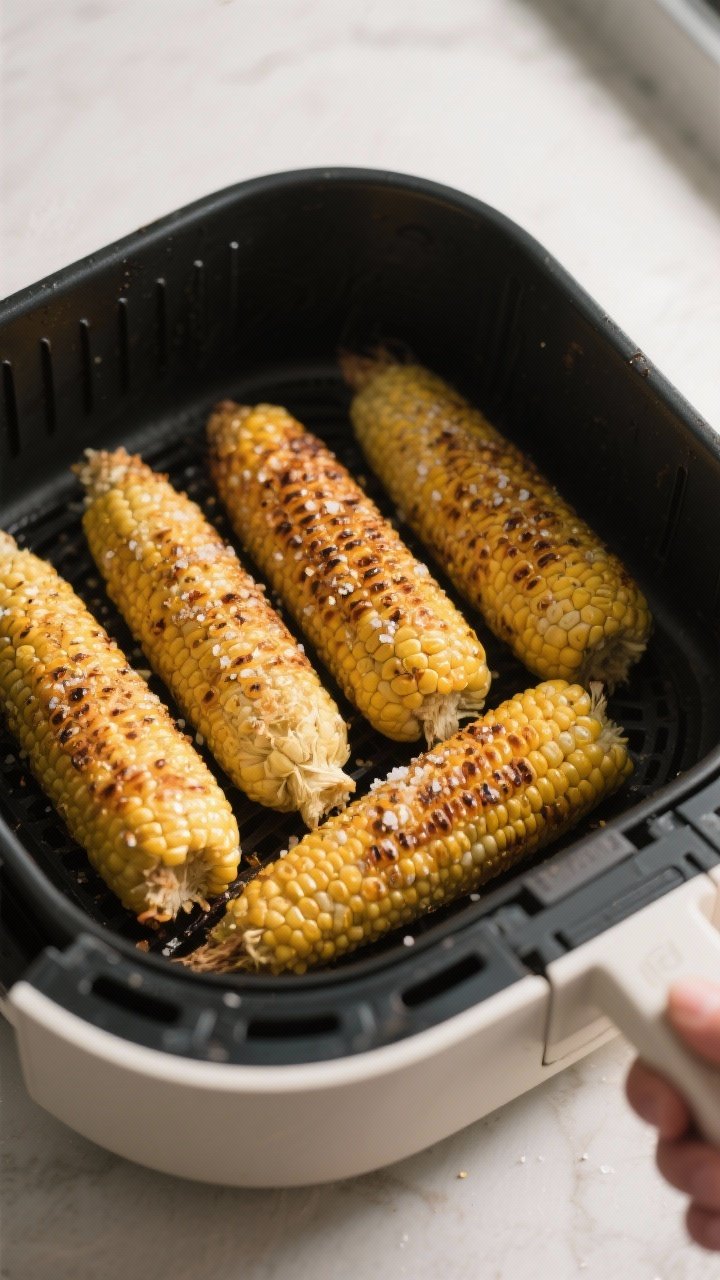 Cooking process: Overhead shot of corn cobs in an air fryer basket at 400°F, arranged in a single l