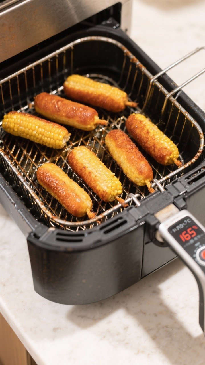 Cooking process: Overhead shot of corn dogs spaced apart in an open air fryer basket at 370°F, even