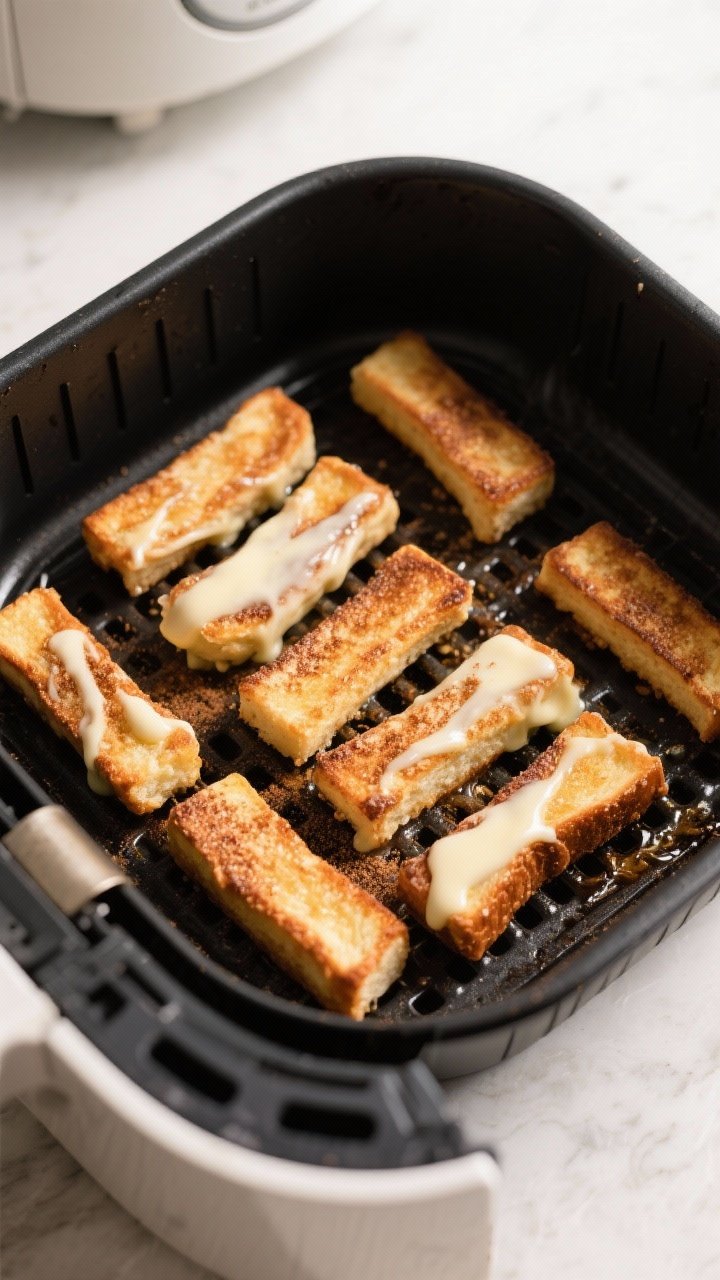 Cooking process: Overhead shot of custard-dipped French toast sticks arranged in a single layer insi