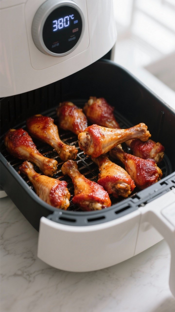 Cooking process: Overhead shot of drumsticks arranged in a single layer in an air fryer basket mid-c
