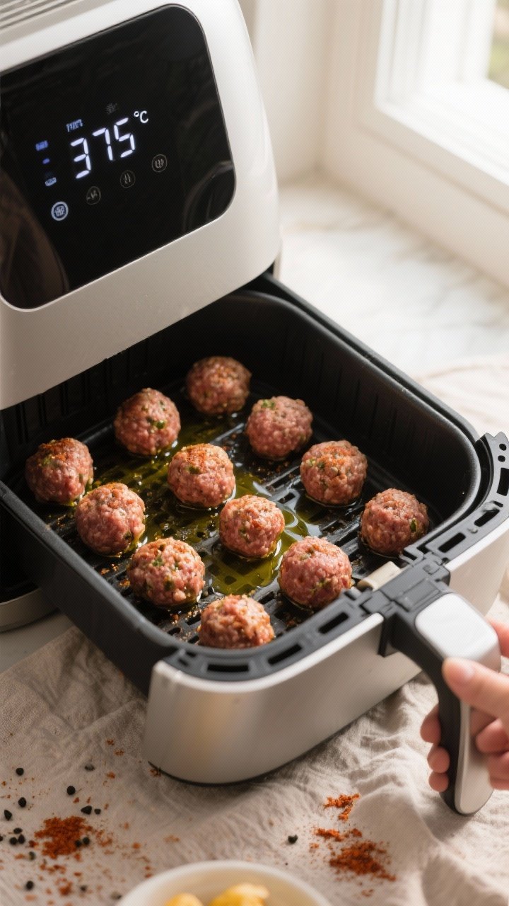 Cooking process: Overhead shot of formed golf-ball-sized meatballs arranged in a single layer in an