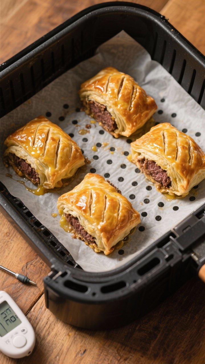Cooking process: Overhead shot of four assembled mini Beef Wellingtons resting seam-side down in an 