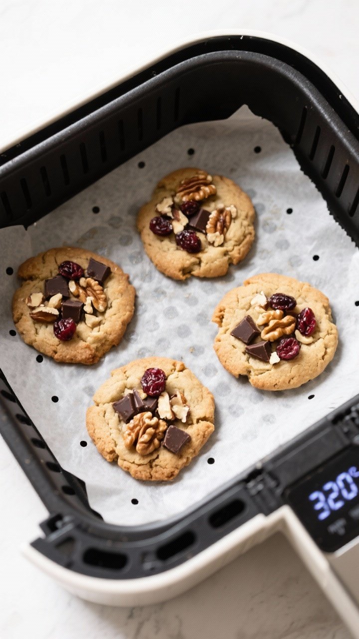 Cooking process: Overhead shot of four cookie portions gently flattened to 1/2-inch thick in an air 