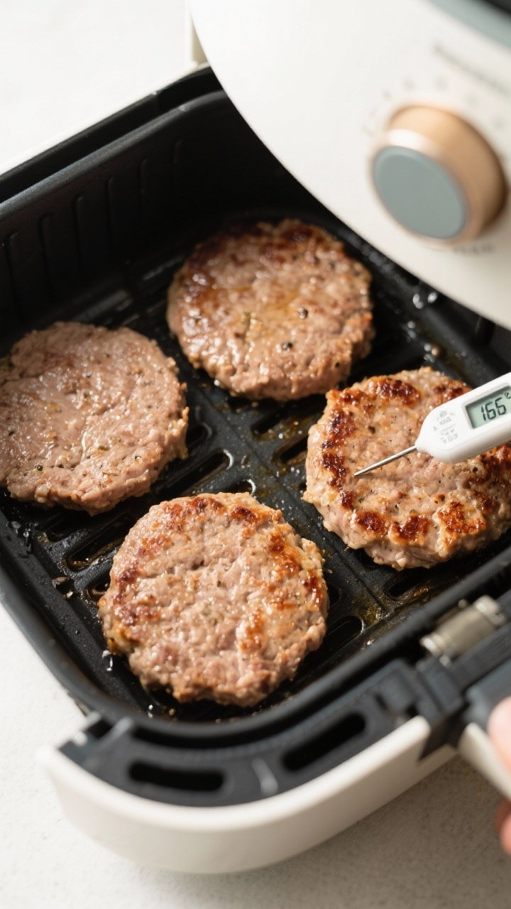 Cooking process: Overhead shot of four evenly shaped 1/2-inch turkey patties arranged in a single la