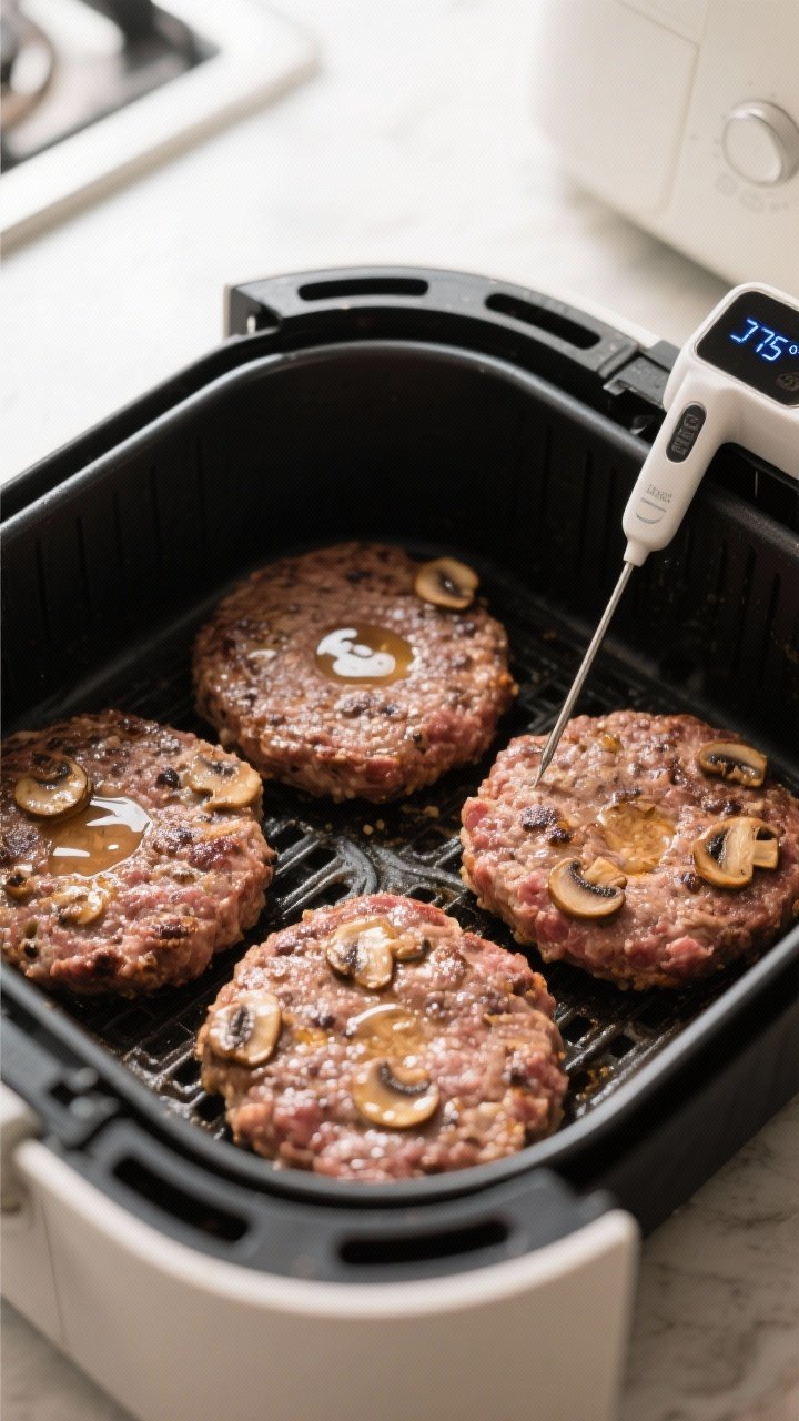 Cooking process: Overhead shot of four formed patties in the air fryer mid-cook, each with a slight