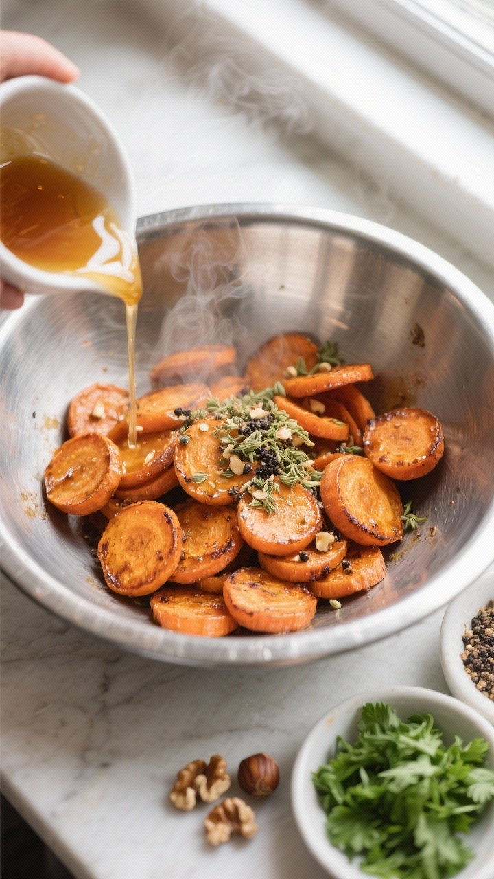 Cooking process: Overhead shot of freshly air-fried, browned carrot coins being tossed in a stainles