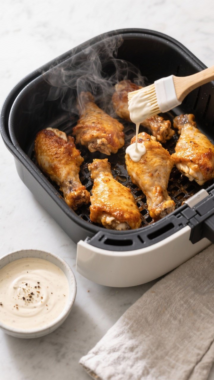 Cooking process: Overhead shot of golden air-fried chicken thighs in an open air fryer basket, steam