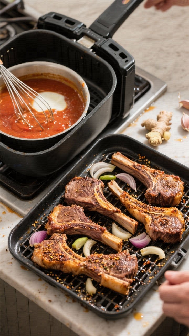 Cooking process: Overhead shot of golden-browned lamb just out of the air fryer basket at 390°F, pi