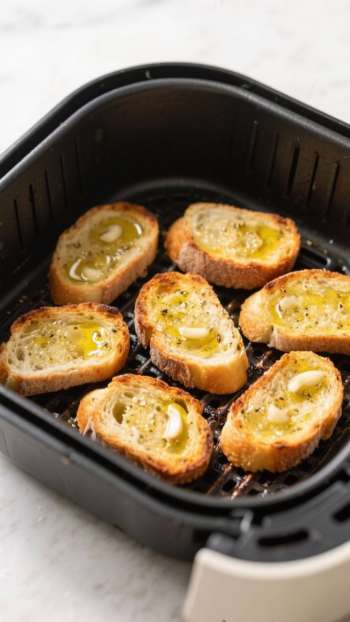 Cooking process: Overhead shot of golden bruschetta slices just out of the air fryer basket at 360°