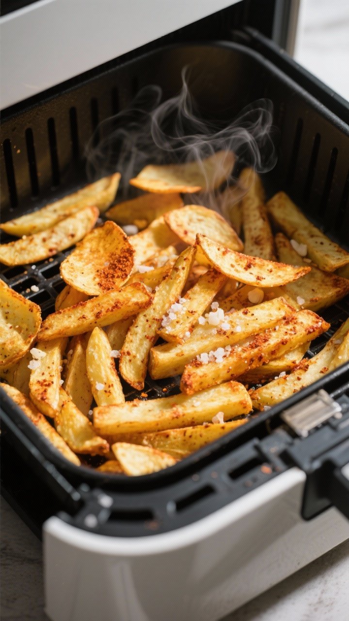 Cooking process: Overhead shot of golden chips (fries) in an air fryer drawer mid-cook, single even 