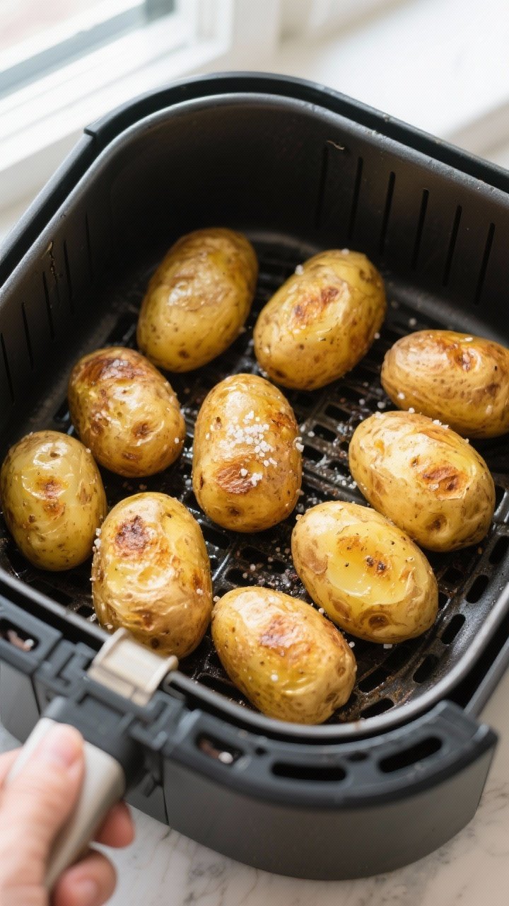 Cooking process: Overhead shot of golden jacket potatoes spaced in an air fryer basket mid-cook at 4