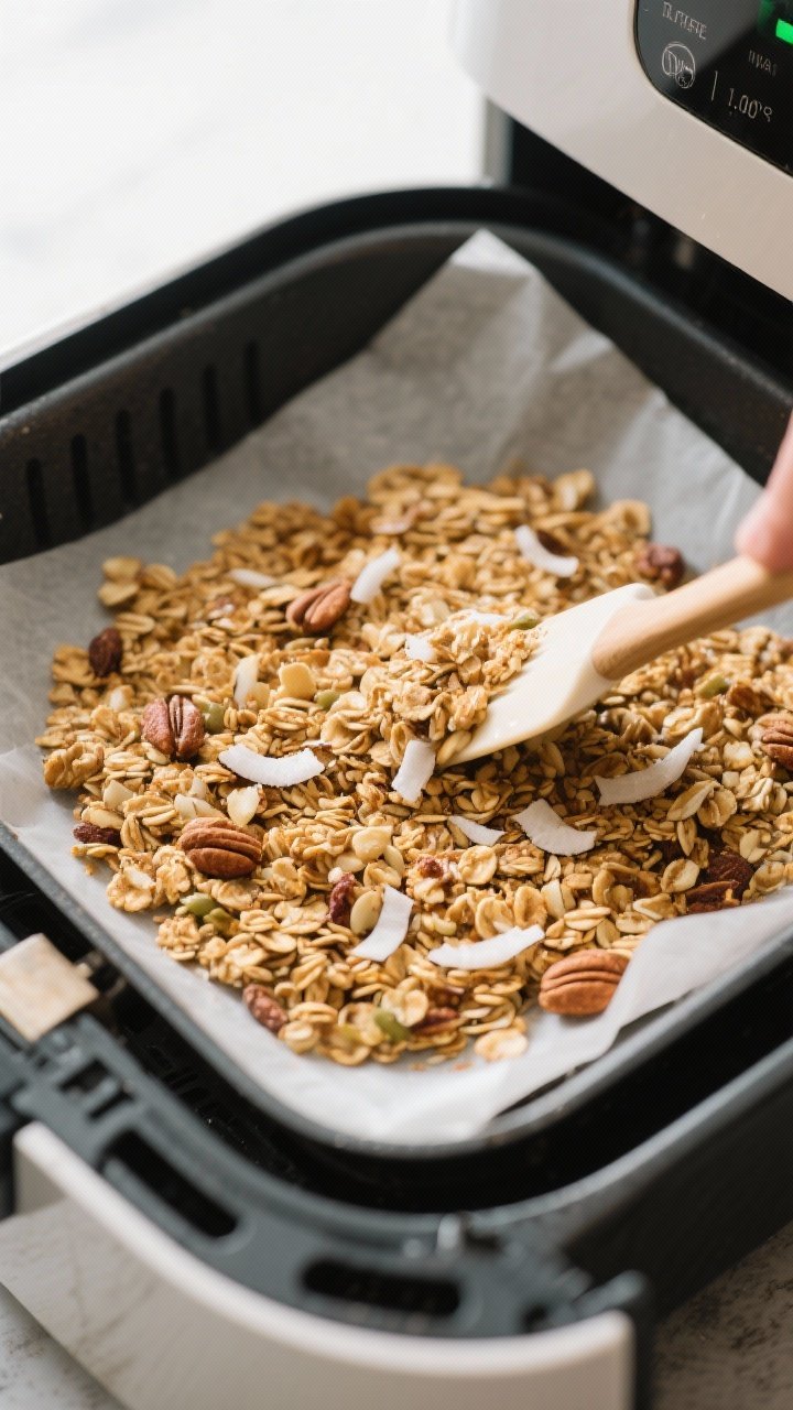 Cooking process: Overhead shot of granola mid-cook in a shallow pan inside an air fryer, evenly spre