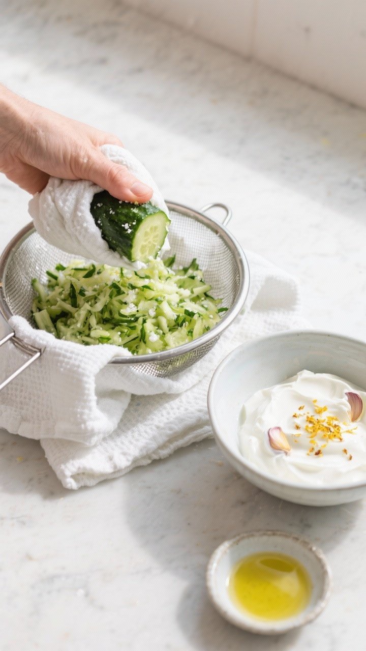 Cooking process: Overhead shot of grated, salted cucumber being squeezed dry in a clean kitchen towe