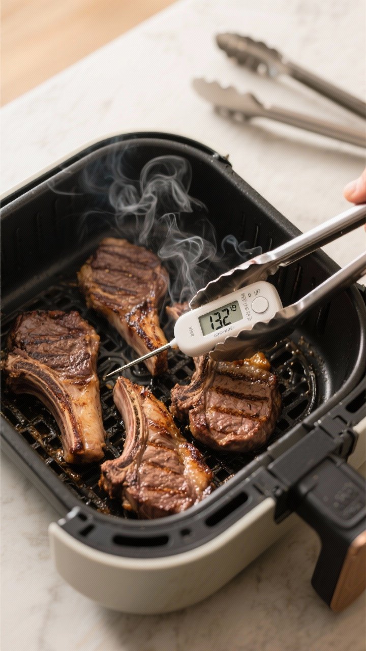 Cooking process: Overhead shot of lamb cutlets arranged in a preheated air fryer basket at 400°F, s