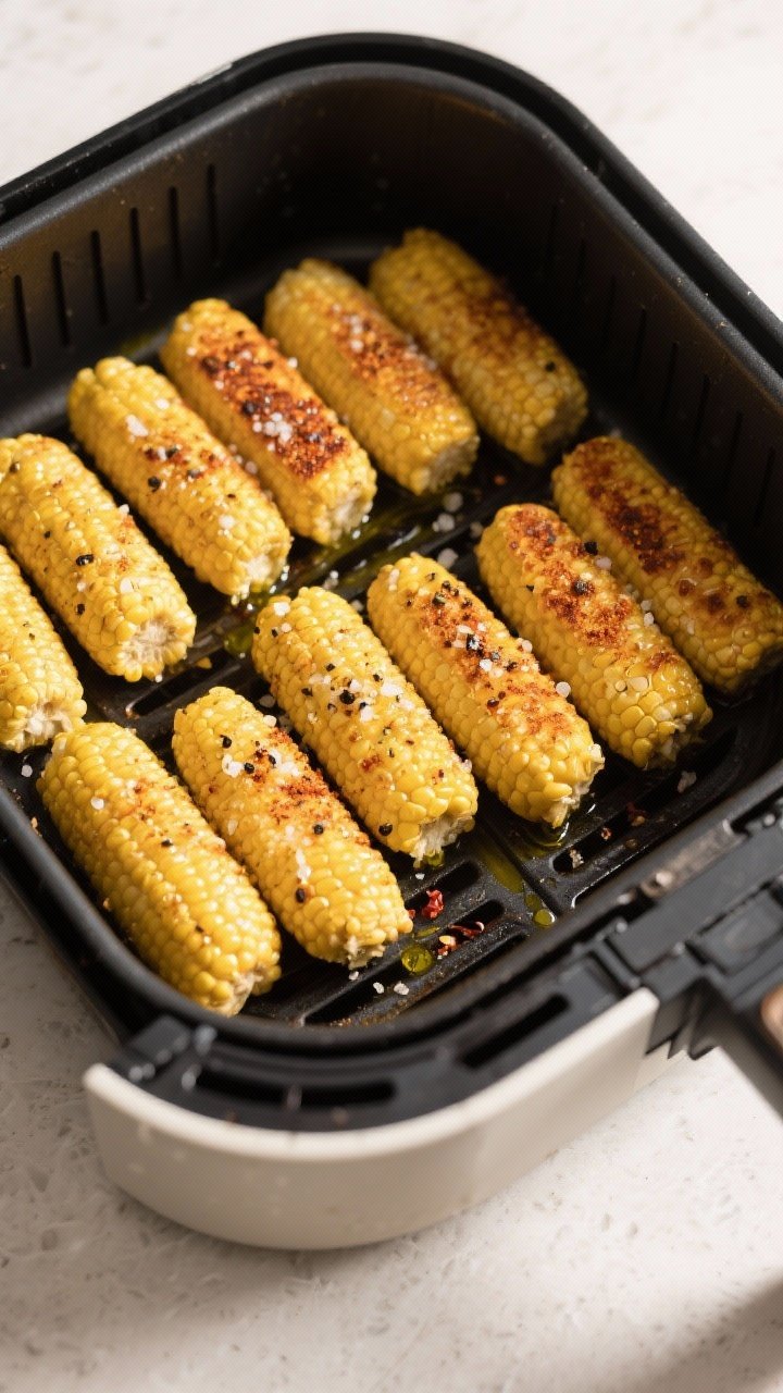 Cooking process: Overhead shot of maize soldiers spaced in a single layer in an air fryer basket mid