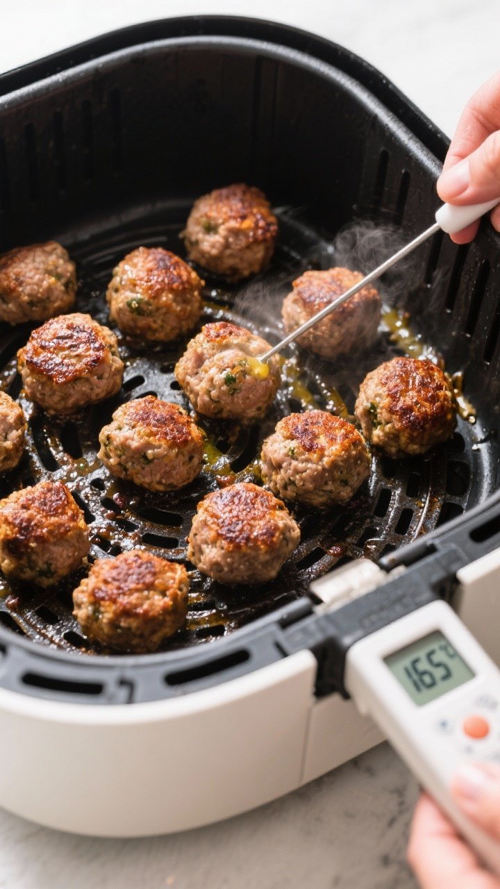 Cooking process: Overhead shot of meatballs mid-air-fry in a single layer with space between, evenly