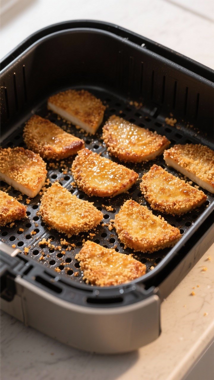 Cooking process: Overhead shot of multiple crumb-coated slices arranged in a single layer inside an 